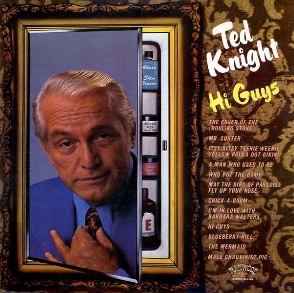 Cover of the album Hi Guys: Ted Knight in a tuxedo inside an ornate gold picture frame, with the track listing printed beside him.