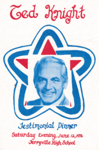 Cover of the testimonial dinner program: a red, white and blue star framing a photograph of Ted Knight, lettered "Ted Knight &mdash; Testimonial Dinner &mdash; Saturday Evening, June 12, 1976 &mdash; Terryville High School."